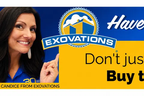 Smiling woman points to Exovations logo and homeowner tip encouraging buying the contractor, not just the estimate.