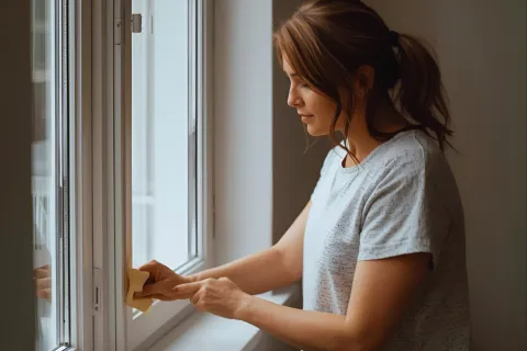 Woman cleaning a white window with a yellow cloth in a bright room wearing a light gray t-shirt.
