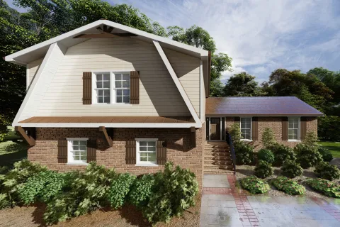 Modern two-story house design with brown brick, white siding, and landscaped front yard under a blue sky.