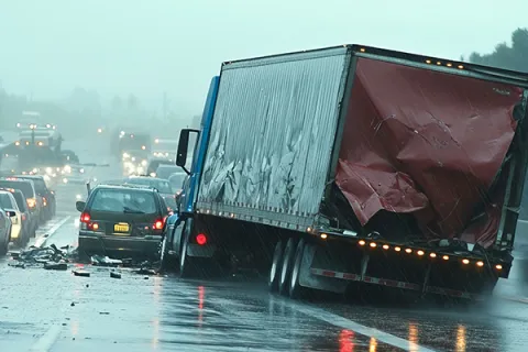Damaged semi truck on wet road causing traffic jam in heavy rain and poor visibility conditions.