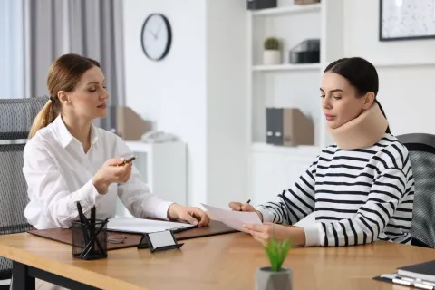 Woman wearing neck brace discusses documents with professional in office setting during consultation.