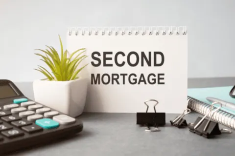 Desk setup with a calculator, small plant, binder clips, notebook, and a sign reading SECOND MORTGAGE.