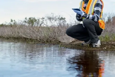 A field researcher in safety gear collecting water samples by a serene lake surrounded by nature.
