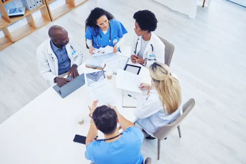 Group of diverse healthcare professionals discussing medical documents around a table in a bright office.
