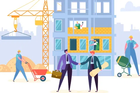 Construction site with workers building a multi-story building and two professionals shaking hands.