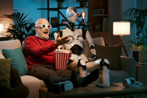 a man and a woman sitting on a couch with a man in a garment