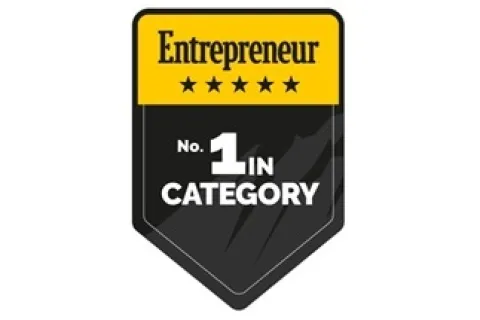 Entrepreneur badge with five stars and text No. 1 in category on black and yellow shield design