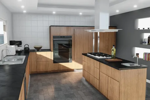 a kitchen with black cabinets