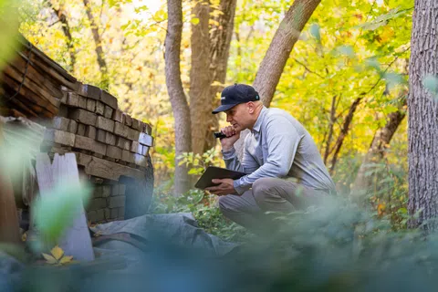 A man in a gray sweatshirt examines a wooden structure in a vibrant autumn forest.