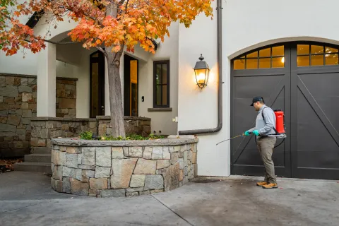 Professional pest control worker spraying insecticide outside a modern home with autumn foliage.