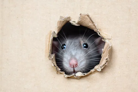 Close-up of a rat peeking through a torn hole in a cardboard box with whiskers and nose visible