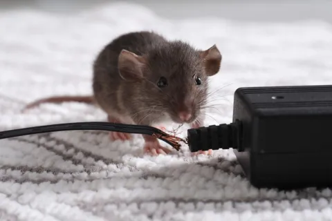 Small brown mouse near a chewed electrical cable on a white textured carpet.