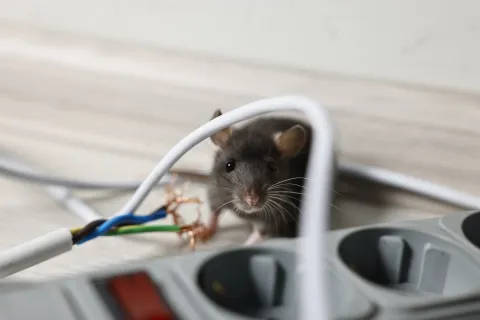 Close-up of a small gray mouse near exposed electrical wires and a power strip on the floor indoors.