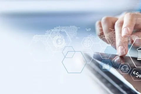 A digital interface with banking icons overlaid on a person using a tablet, illustrating the financial benefits and application process for a physician mortgage loan.