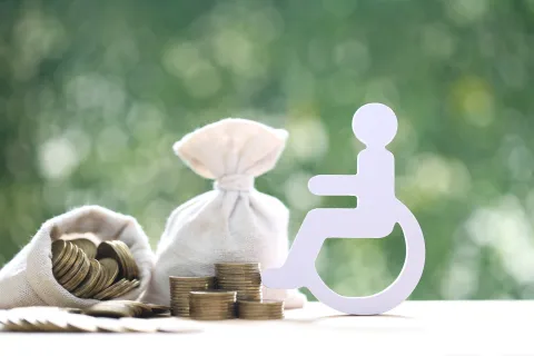 White handicapped symbol next to stacks of coins and money bags on a blurred green background.
