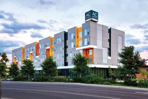 a large building with a sign on it