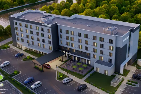 a building with cars parked in front