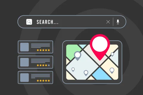 Digital illustration of a search bar with a map and location pins representing local search results and ratings.