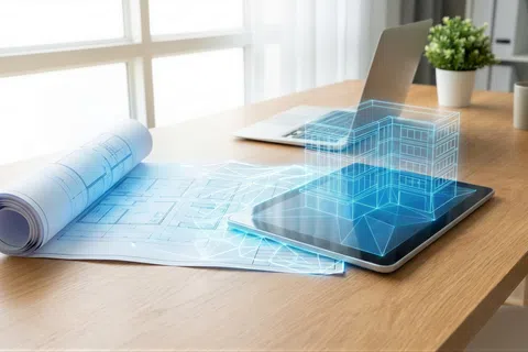 Tablet on wooden desk displaying 3D house projection next to architectural blueprints and laptop, bright workspace.