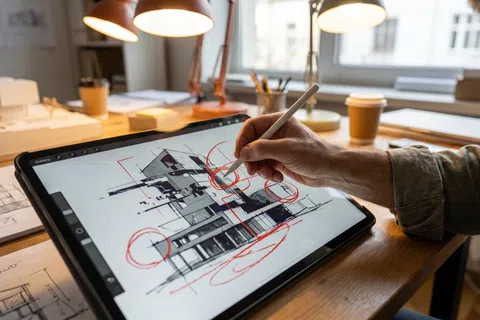 Architect using digital tablet with stylus to sketch and annotate a modern building design in a well-lit studio.