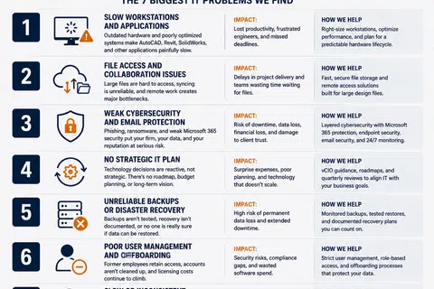 Infographic on top 7 IT problems in engineering and architectural firms with solutions and regional expertise.