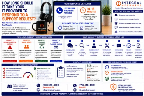 Infographic explaining IT support response times, priority framework, response objectives, and contact info for Integral Networks.