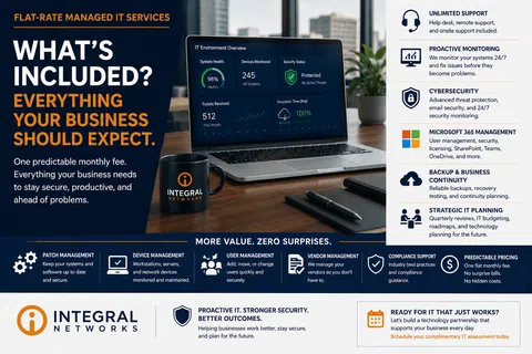 Laptop screen showing IT system health dashboard with Integral Networks mug and IT services overview text