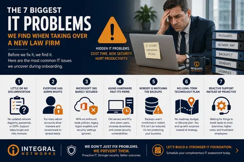 Infographic listing 7 biggest IT problems in new law firms with frustrated man at desk, warning sign, and solutions.