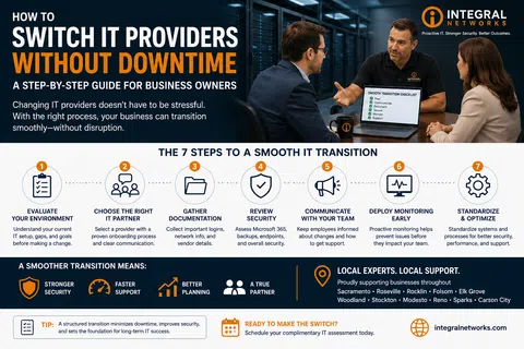 IT providers switching guide with seven steps for smooth transition and business owners team discussion.