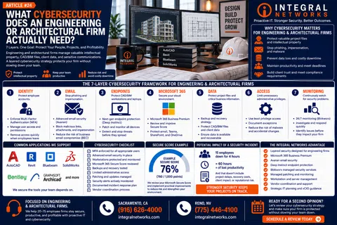 Infographic displaying a 7-layer cybersecurity framework tailored for engineering and architectural firms.