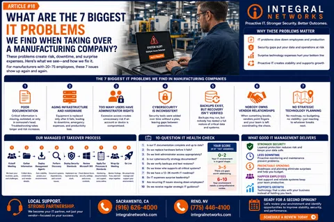 IT specialist reviews system alert on laptop highlighting the 7 biggest IT problems in manufacturing companies.
