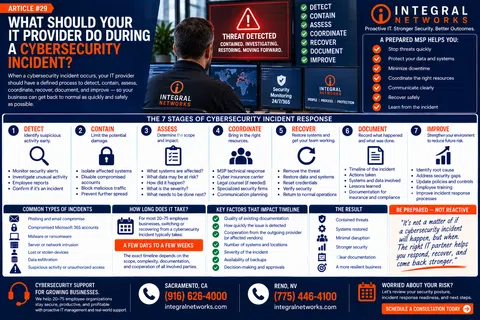 IT professional monitoring cybersecurity incident response with infographic detailing 7 key response stages and tips