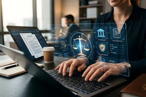Person working on laptop with digital legal icons like courthouse, scales, and documents overlay in office.
