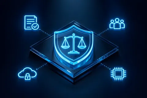 Glowing blue shield with justice scales and connected icons of document, people, cloud security, and microchip.