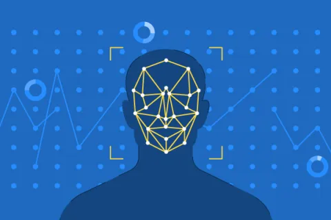 Digital facial recognition technology interface highlighting key facial points for identification.