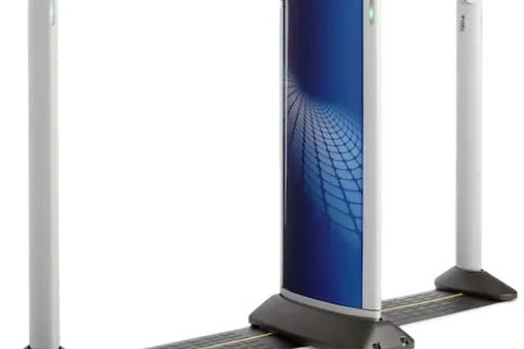 Advanced biometric security gate with a large digital screen and sensor pillars for access control.
