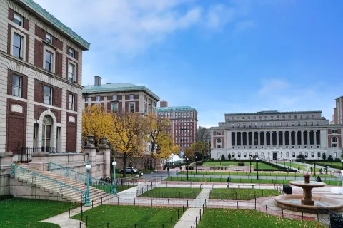 a courtyard with buildings and trees