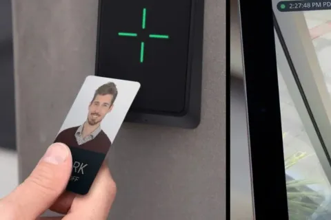 Person using electronic ID card to unlock door and security monitoring shown on tablet with video feed and access details.