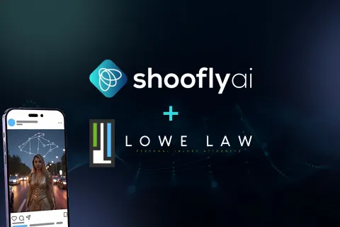 Shoofly AI and Lowe Law logos with smartphone showing a woman and digital constellation overlay on dark background.