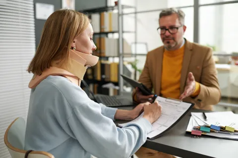 a woman with a neck brace talking with a lawyer