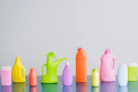 a group of colorful plastic bottles