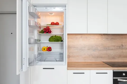 a refrigerator with a glass door