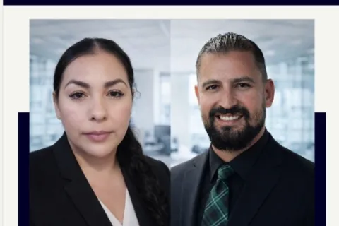 Portraits of Brenda and Martin Villa, franchise owners of Men in Kilts window cleaning, in professional attire.