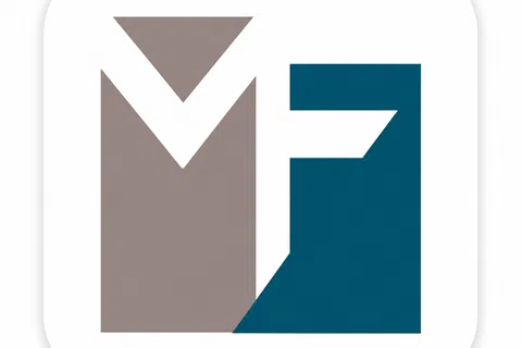 Minimalist logo with stylized letters M and F in taupe and teal on white rounded square background