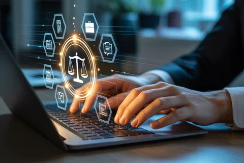Hands typing on laptop with digital law icons and scales of justice hologram overlay in office setting.