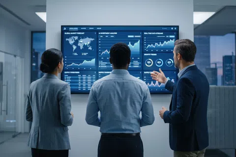 Three business professionals analyzing financial data charts and graphs on a large digital display in modern office.
