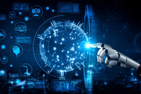 Robotic hand interacting with glowing digital globe and futuristic data icons in a high-tech blue interface.