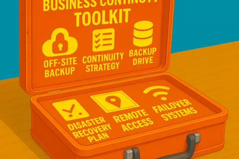 Orange business continuity toolkit with icons for backup, strategy, recovery, remote access, and failover systems.