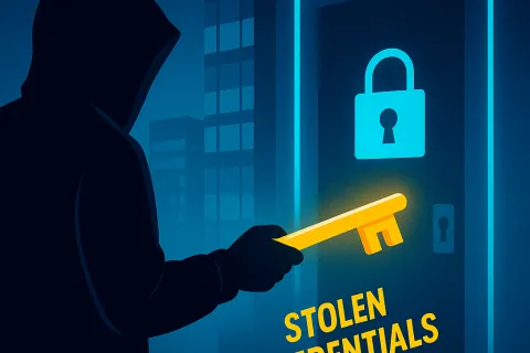 Hooded figure holding glowing key labeled stolen credentials in front of a locked digital door with a padlock icon.