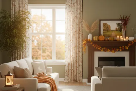 Cozy autumn living room with beige sofas, orange throw, window with floral curtains, and decorated fireplace.
